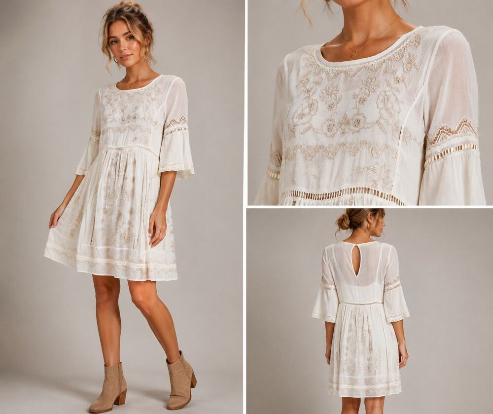 Akemi Kin Anthropologie White Embroidered Bell Sleeve Tunic dress S